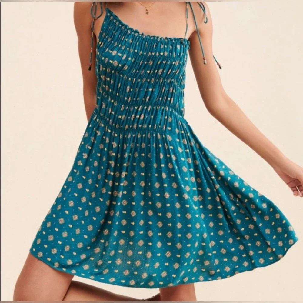 Free People Clementina Ruched Asymmetrical Floral Mini Dress Teal Size XS fits M - Picture 1 of 11